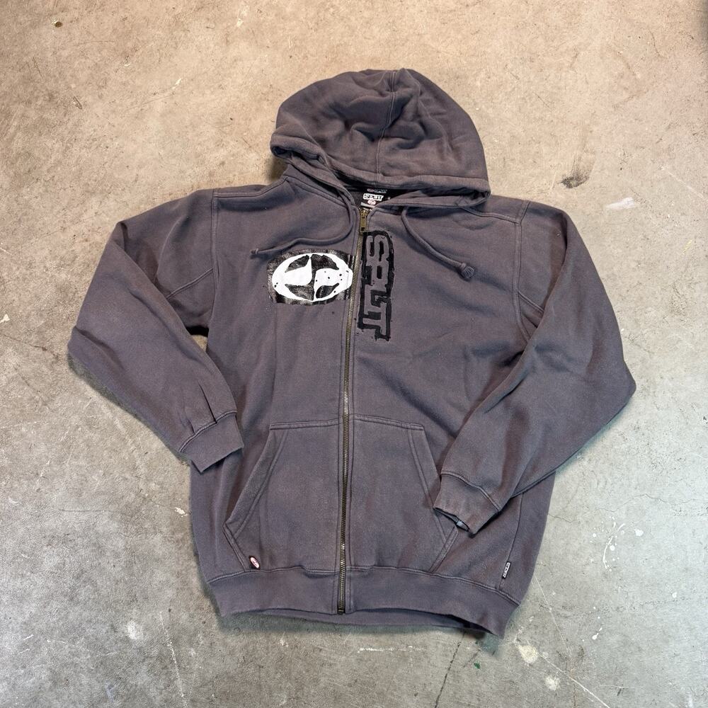 Vintage Split Skateboard Surf Hoodie Mens S Gray Full Zip Grunge Faded Y2K 90s